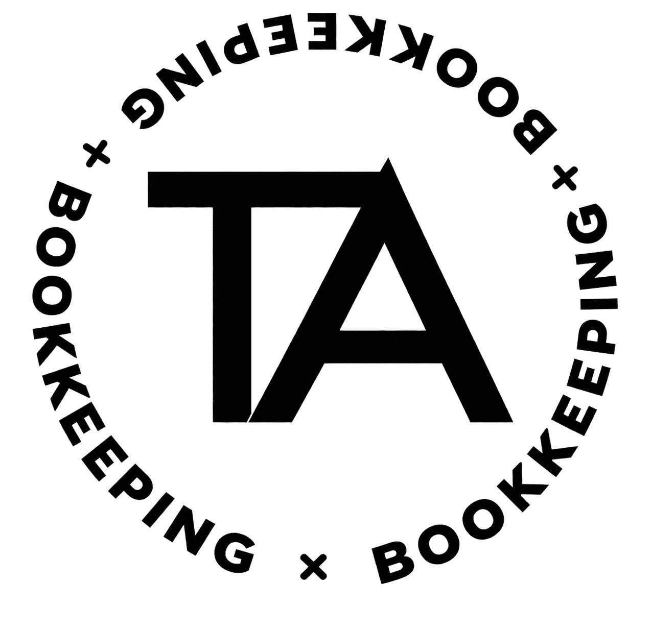 Black “TA” letters in the center, surrounded by the word “BOOKKEEPING” repeated four times in a circular pattern with plus signs between each word, on a white background.